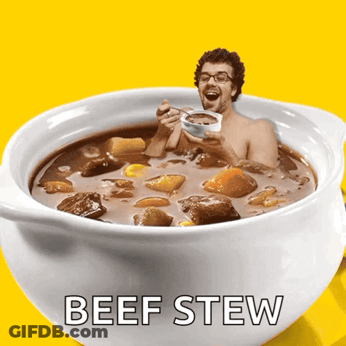 A Man In A Bowl Of Beef Stew With A Yellow Background GIF
