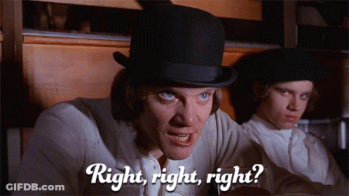 A Man In A Bowler Hat Says " Right Right Right " GIF