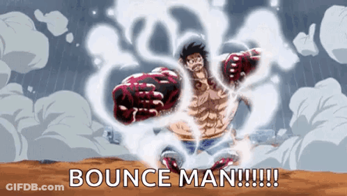 A Man In A Boxing Glove Is Flying Through The Air With The Words `` Bounce Man '' Written On The Bottom . GIF