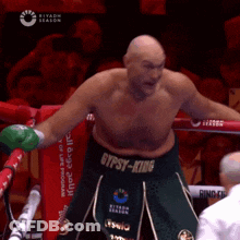 A Man In A Boxing Ring Wearing Gypsy King Shorts GIF