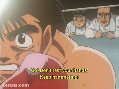 A Man In A Boxing Ring With The Words Go Don T Rest Your Hands Keep Hammering GIF