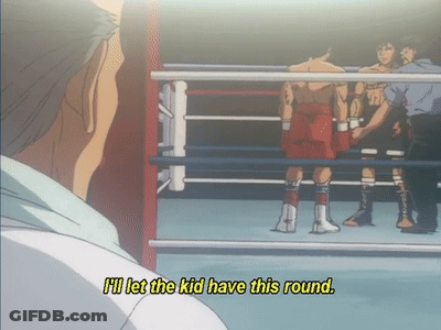 A Man In A Boxing Ring With The Words I 'Ll Let The Kid Have This Round GIF