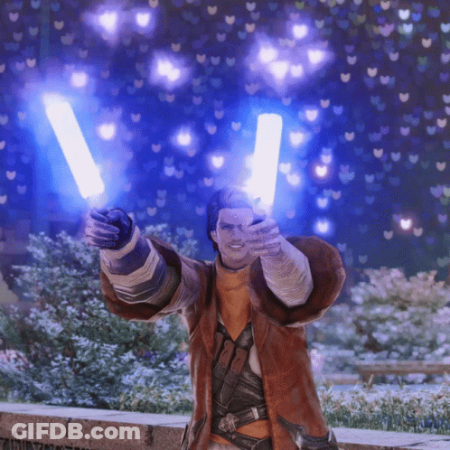 A Man In A Brown Coat Is Holding Up Two Lightsabers GIF