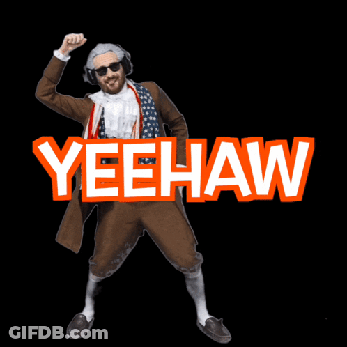 A Man In A Brown Coat Is Jumping In The Air With Yeehaw Written In Orange Letters GIF