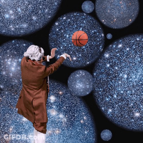 A Man In A Brown Coat Is Throwing A Basketball Into Space GIF