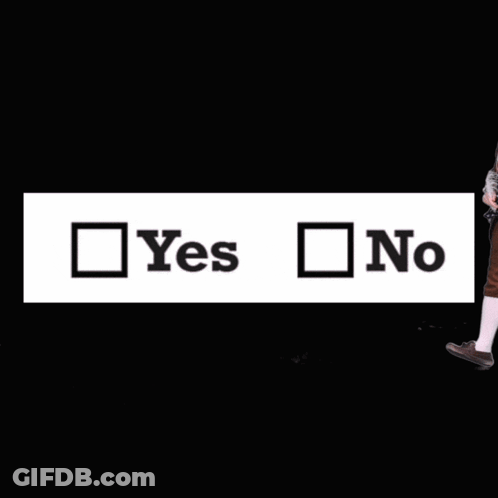 A Man In A Brown Coat Stands In Front Of A Yes Or No Sign GIF