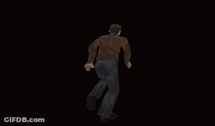 A Man In A Brown Jacket And Black Pants Is Running In The Dark GIF