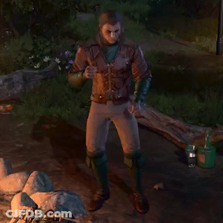 Man In Brown Jacket And Green Knee Pads By Fire GIF