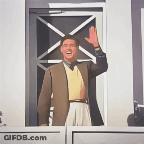 A Man In A Brown Jacket And Yellow Sweater Waving His Hand GIF