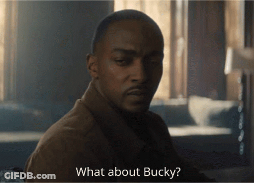 A Man In A Brown Jacket Is Asking " What About Bucky " GIF