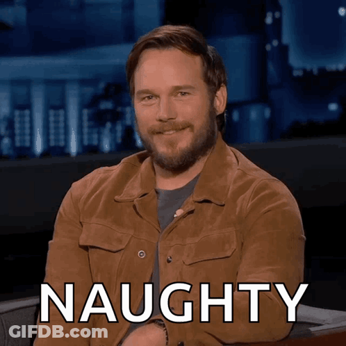 A Man In A Brown Jacket Is Smiling With The Word Naughty Behind Him GIF