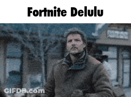A Man In A Brown Jacket Is Standing In Front Of A Building With The Words Fortnite Delulu On It GIF
