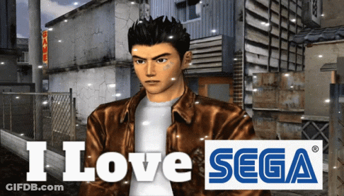 A Man In A Brown Jacket Is Standing In Front Of A Sign That Says " I Love Sega " GIF