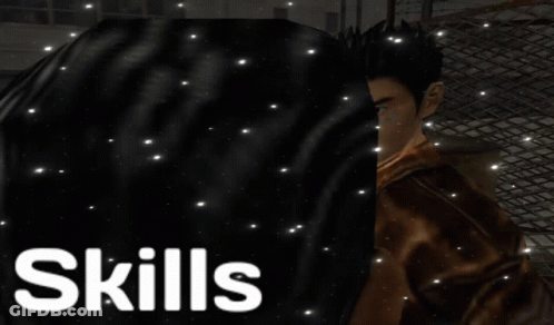 A Man In A Brown Jacket Is Standing In Front Of The Words Skills GIF