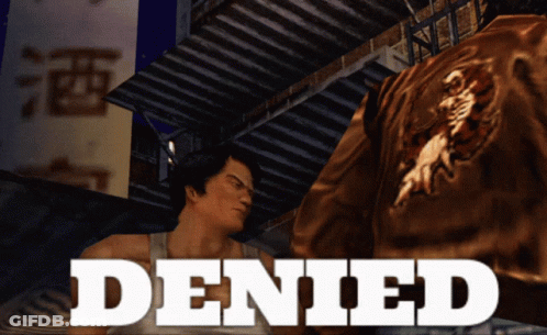 A Man In A Brown Jacket Is Standing Next To Another Man With The Word Denied On The Bottom GIF
