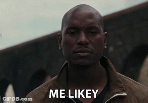 A Man In A Brown Jacket Says Me Likey In White Letters GIF