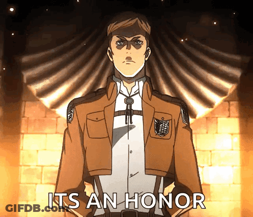 A Man In A Brown Jacket Stands In Front Of A Brick Wall With The Words " It 'S An Honor " Written Below Him GIF