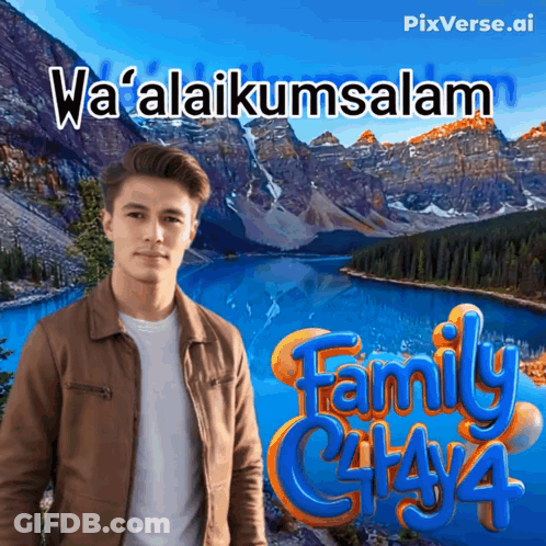 A Man In A Brown Jacket Stands In Front Of A River And Mountains With The Words Wa ' Alaikumsalam Family City 4 GIF
