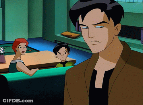A Man In A Brown Jacket Stands In Front Of A Woman And A Boy In A Cartoon Scene GIF