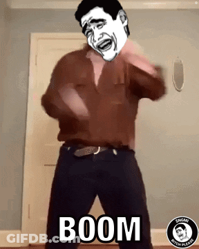A Man In A Brown Shirt Is Dancing With The Word Boom Written On The Floor Behind Him GIF