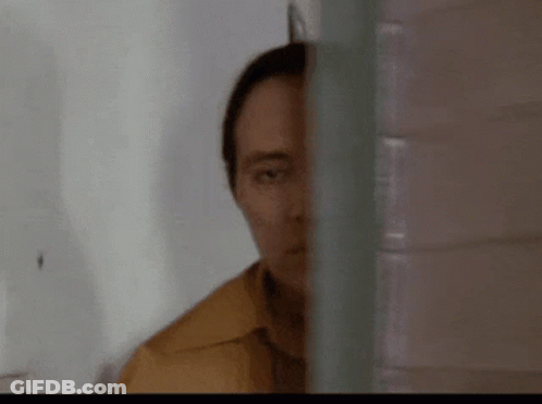 A Man In A Brown Shirt Is Smiling In A Room . GIF