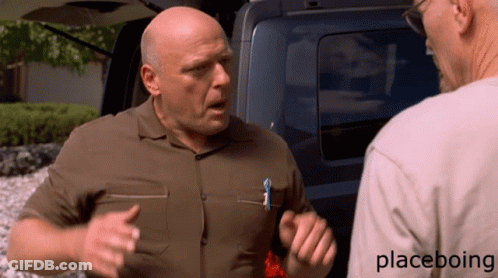 A Man In A Brown Shirt Is Talking To Another Man In A White Shirt With Placeboing Written On The Bottom GIF