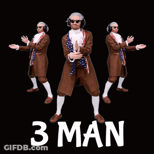 A Man In A Brown Suit And White Socks Is Dancing With The Words 3 Man Behind Him GIF