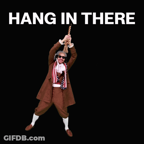 A Man In A Brown Suit Is Holding A Rope With The Words Hang In There Above Him GIF