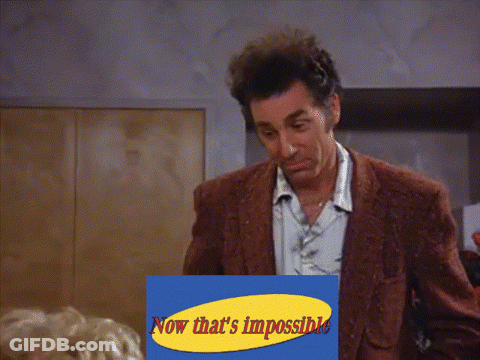 A Man In A Brown Suit Stands In Front Of A Blue Sign That Says Now That 'S Impossible GIF