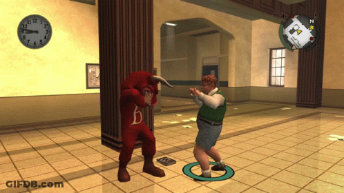 A Man In A Bull Costume Stands Next To Another Man In A Green Vest GIF