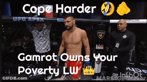 A Man In A Cage With The Words Cope Harder Gamrot Owns Your Poverty GIF