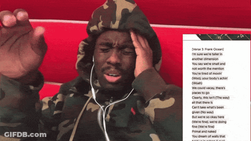A Man In A Camo Hoodie Is Listening To Music GIF