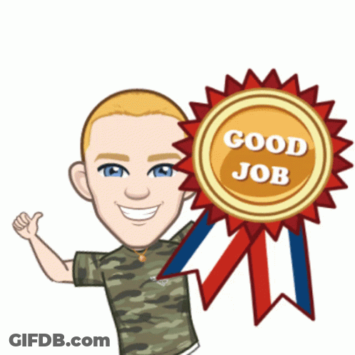 A Man In A Camo Shirt Holds Up A Good Job Ribbon GIF