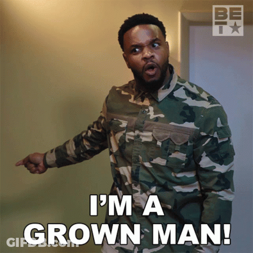 A Man In A Camo Shirt Is Pointing And Saying I 'M A Grown Man GIF