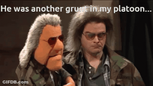 A Man In A Camouflage Jacket Is Talking To A Puppet GIF