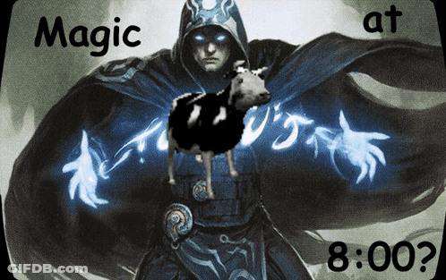 A Man In A Cape Holding A Sheep With The Words Magic At 8:00 GIF