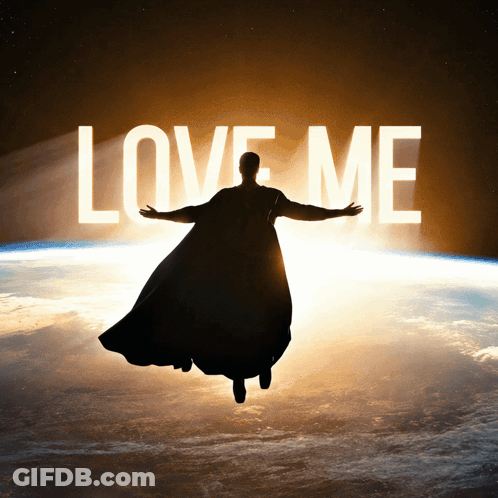 A Man In A Cape Is Flying Over The Earth And The Words Love Me Are Behind Him GIF