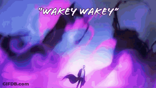 A Man In A Cape Is Surrounded By Purple Clouds And The Words " Wakey Wakey " GIF