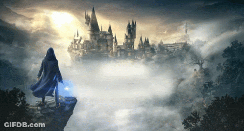 A Man In A Cape Stands On A Cliff Overlooking A Castle GIF