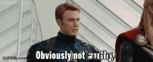 A Man In A Captain America Costume Says Obviously Not Funny GIF