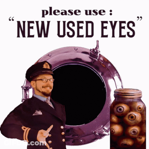 A Man In A Captain 'S Uniform Is Standing Next To A Jar Of Eyes GIF