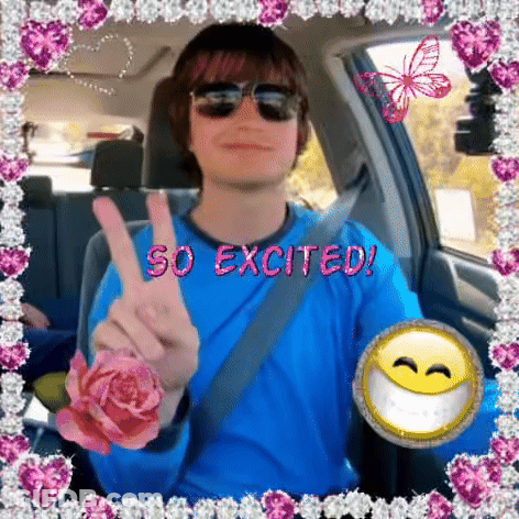 A Man In A Car Giving A Peace Sign With The Words So Excited Written Above Him GIF