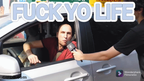 A Man In A Car Is Being Interviewed By Another Man With The Words Fuck Yo Life Above Him GIF