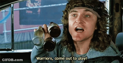 A Man In A Car Is Holding Two Bottles Of Beer And Saying Warriors Come Out To Play GIF