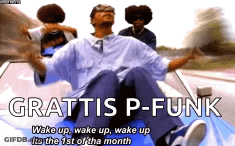 A Man In A Car With The Words Grattis P-Funk On The Bottom GIF