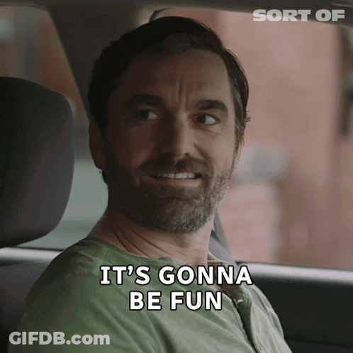 A Man In A Car With The Words " It 'S Gonna Be Fun " Next To Him GIF