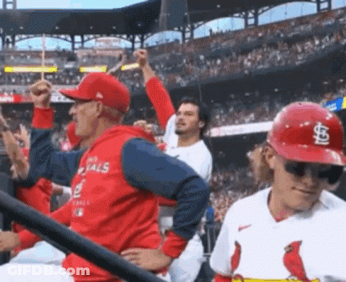 A Man In A Cardinals Jersey Stands In The Stands GIF