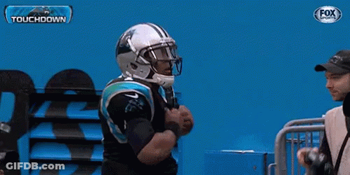 A Man In A Carolina Panthers Jersey Is Being Photographed By A Fox Sports Photographer GIF