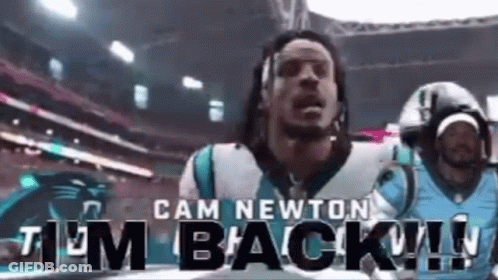 A Man In A Carolina Panthers Jersey Is Standing In A Stadium . GIF