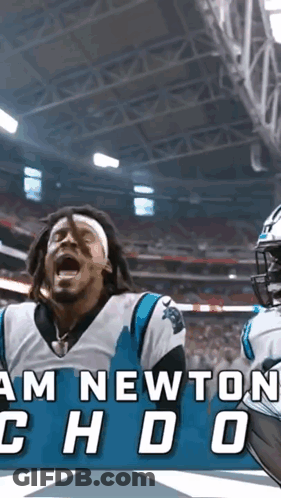 A Man In A Carolina Panthers Jersey Is Yelling In A Stadium GIF